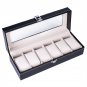 6-Compartment Leather Watch Collection Storage Box Black
