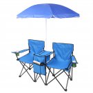 Outdoor 2-Seat Folding Chair with Removable Sun Umbrella & Portable Bag Blue