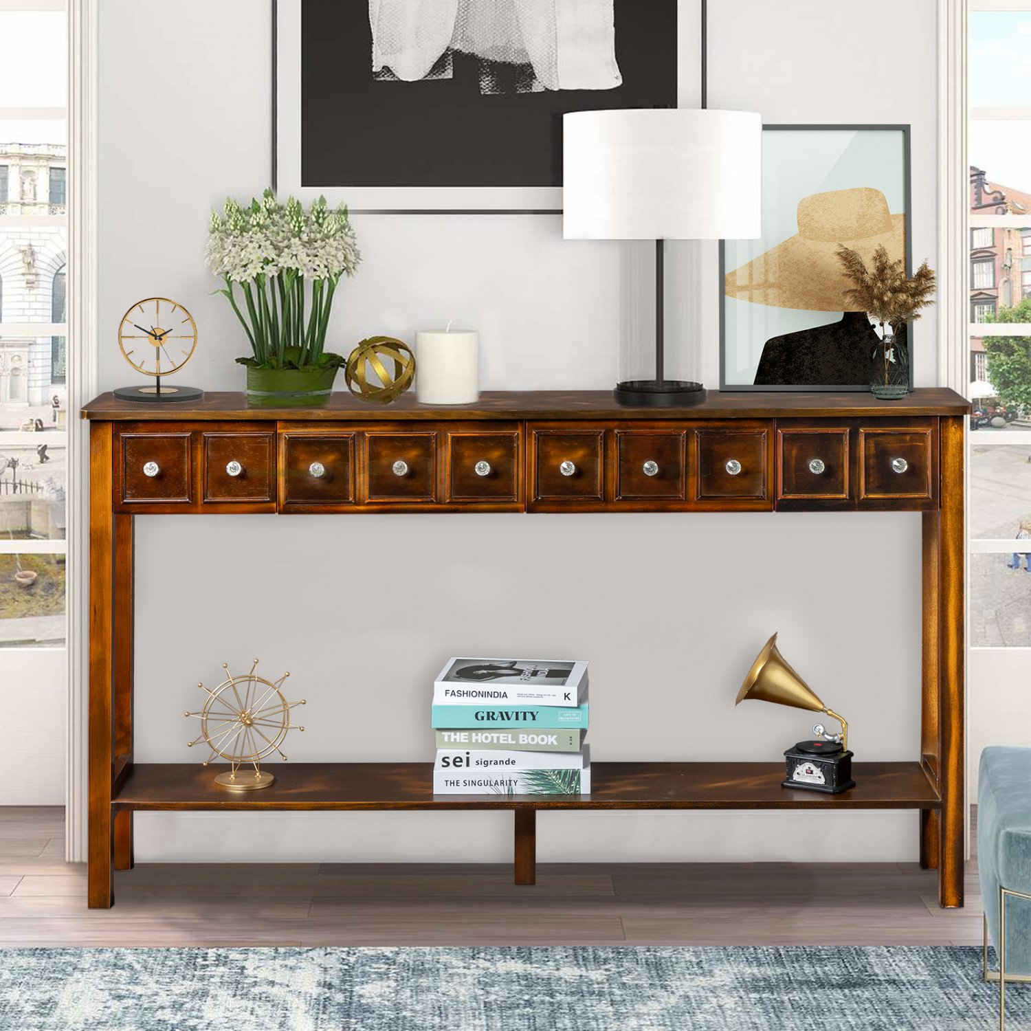 Long Console Table Entryway Table with Drawers & Bottom Shelf
