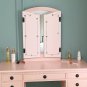 Three-Fold Square Mirror Drawers Dresser with Stool Pink