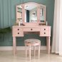 Three-Fold Square Mirror Drawers Dresser with Stool Pink