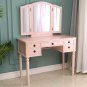 Three-Fold Square Mirror Drawers Dresser with Stool Pink