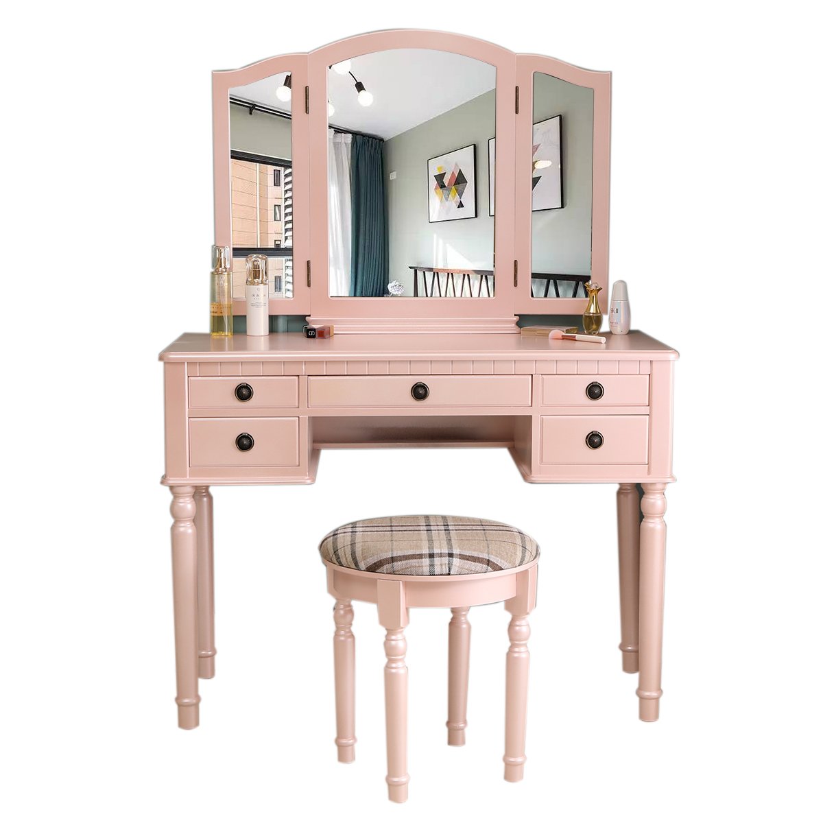 Three-Fold Square Mirror Drawers Dresser with Stool Pink