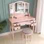 Three-Fold Square Mirror Drawers Dresser with Stool Pink