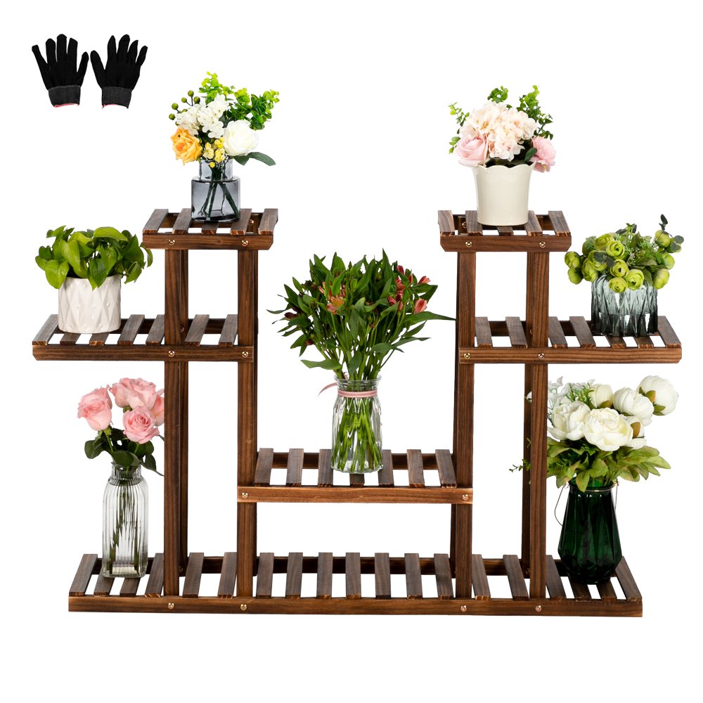 4-Tier 12-Seat Multi-function Carbonized Wood Plant Stand