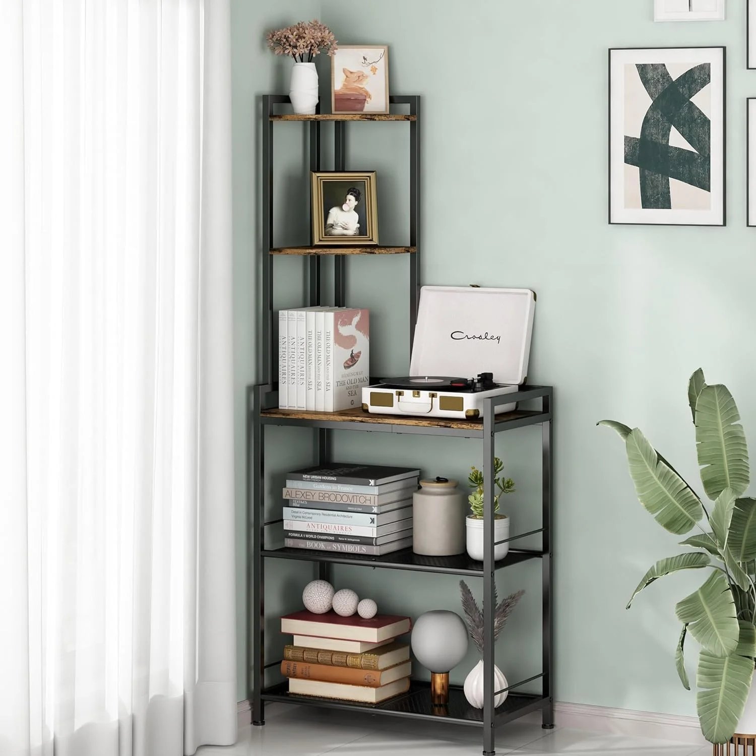 5-Tier Corner Table with Bookshelf Black