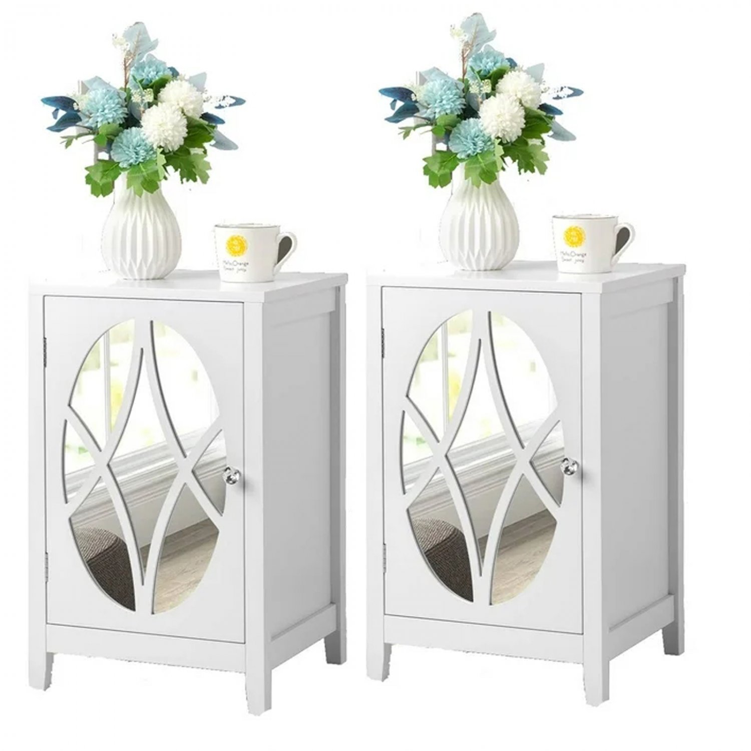 2-Pack Front Mirror Bedside Table with 1 Door