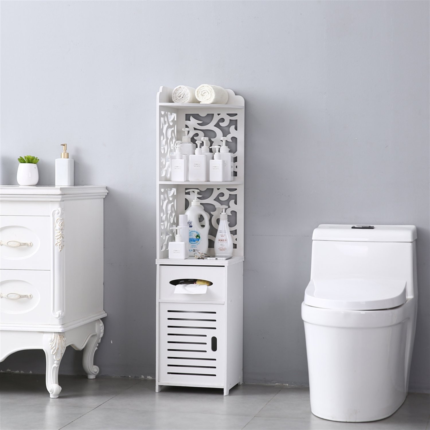 3 Tier Pattern Carved Bathroom Corner Shelf for Narrow Space