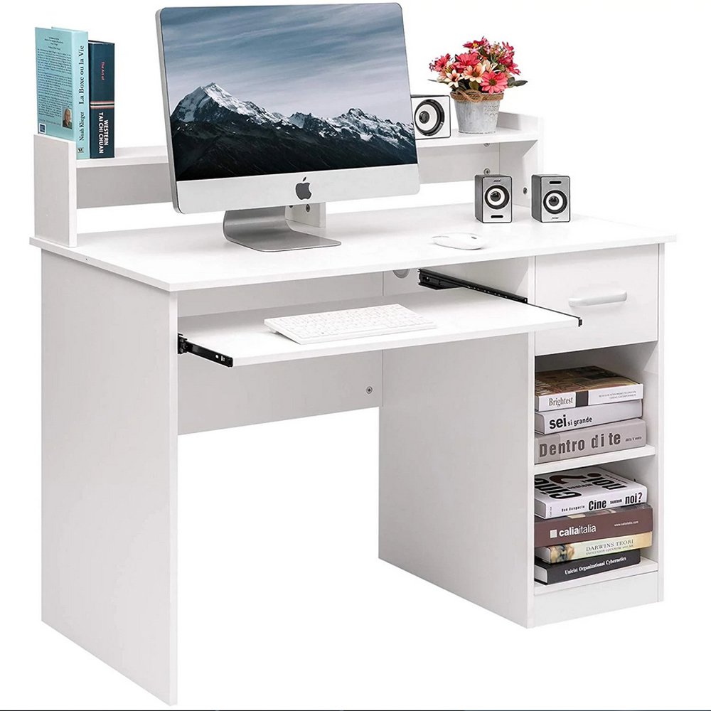 Home Office Workstation Laptop Study Table with Drawer Keyboard Tray White