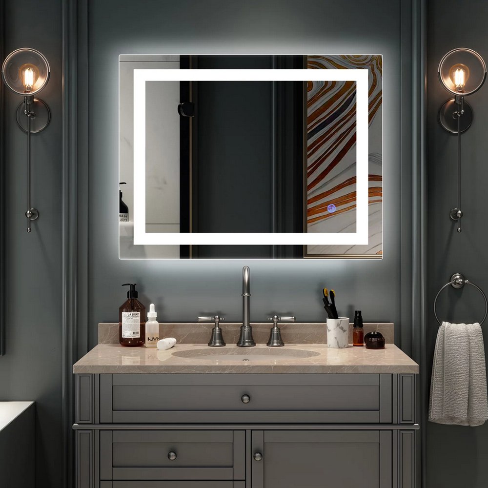 36 x 28 inch LED Lighted Bathroom Mirror Silvered Wall Mounted Mirror with Touch Button