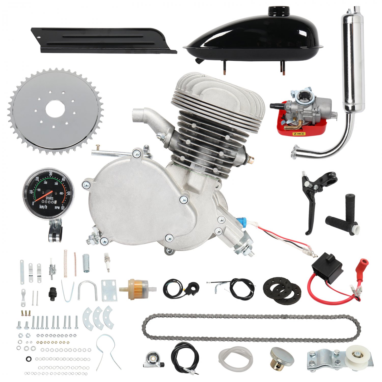 100cc Powerful 2-Stroke Bicycle Motor Engine Gas Kit with Speedometer Silver