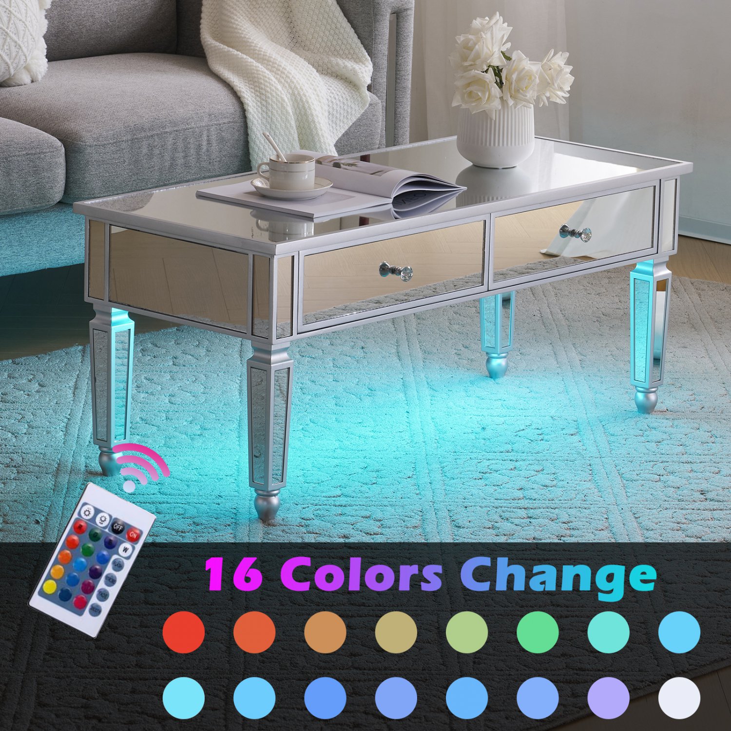 42'' Mirrored Coffee Table with LED Lights & 2 Drawers