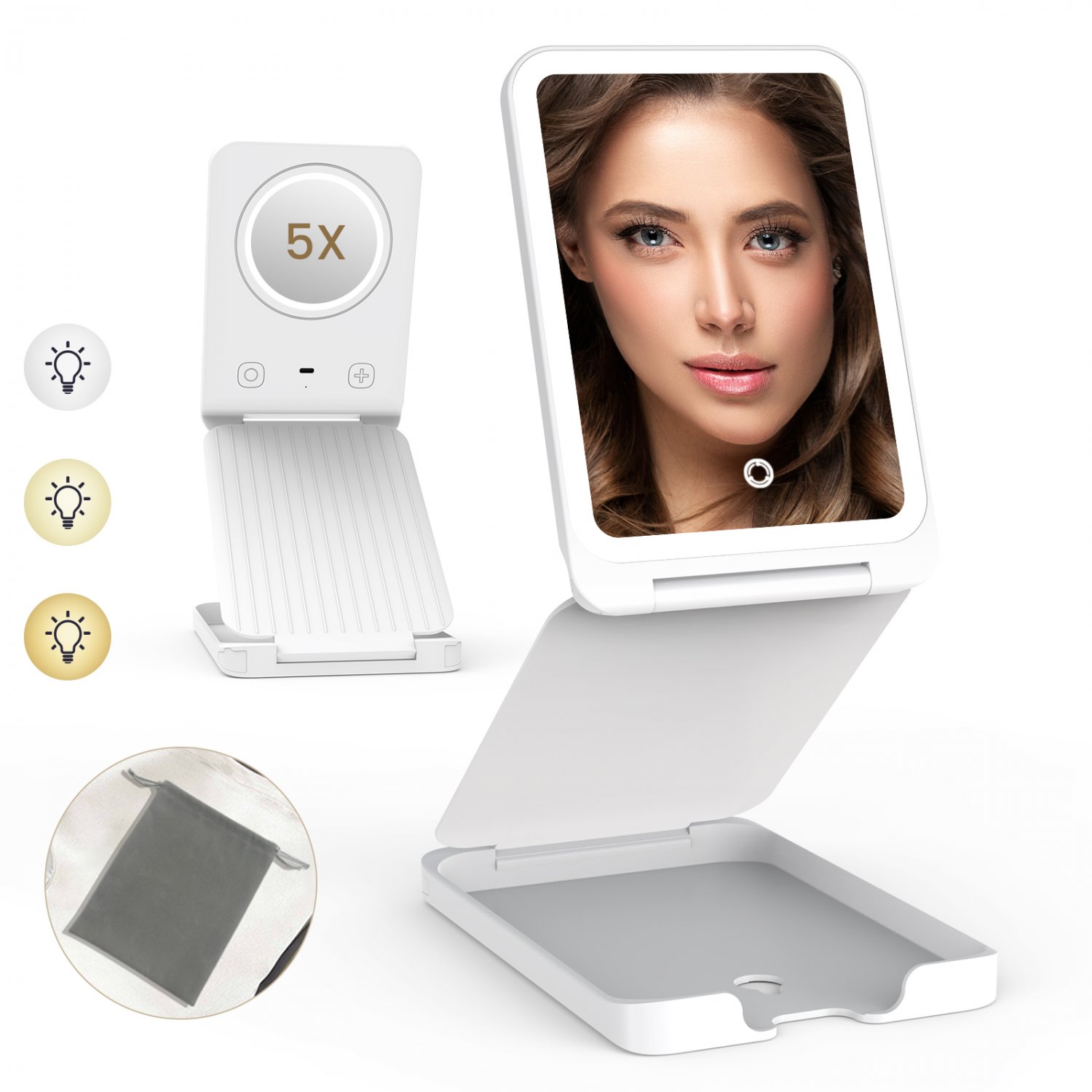 Portable Vanity Mirror with 5X Lighted Magnification & 3 Color Lights