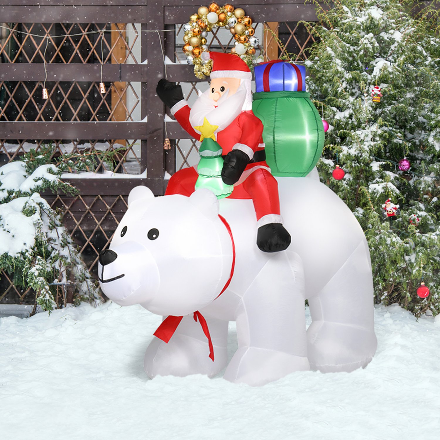 6FT Christmas Inflatable Santa Claus Rides a Polar Bear Outdoor Decorations with LED Lights