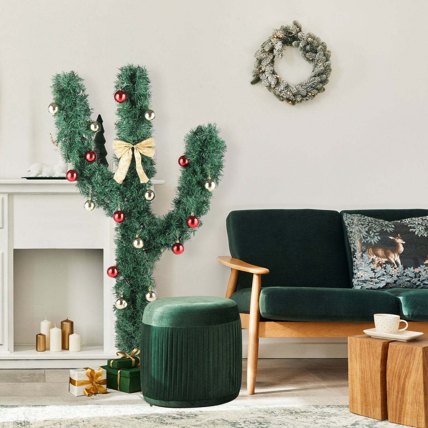 5 FT Pre-lit Cactus Shape Christmas Tree with 400 Branches Flocking & 110 Light