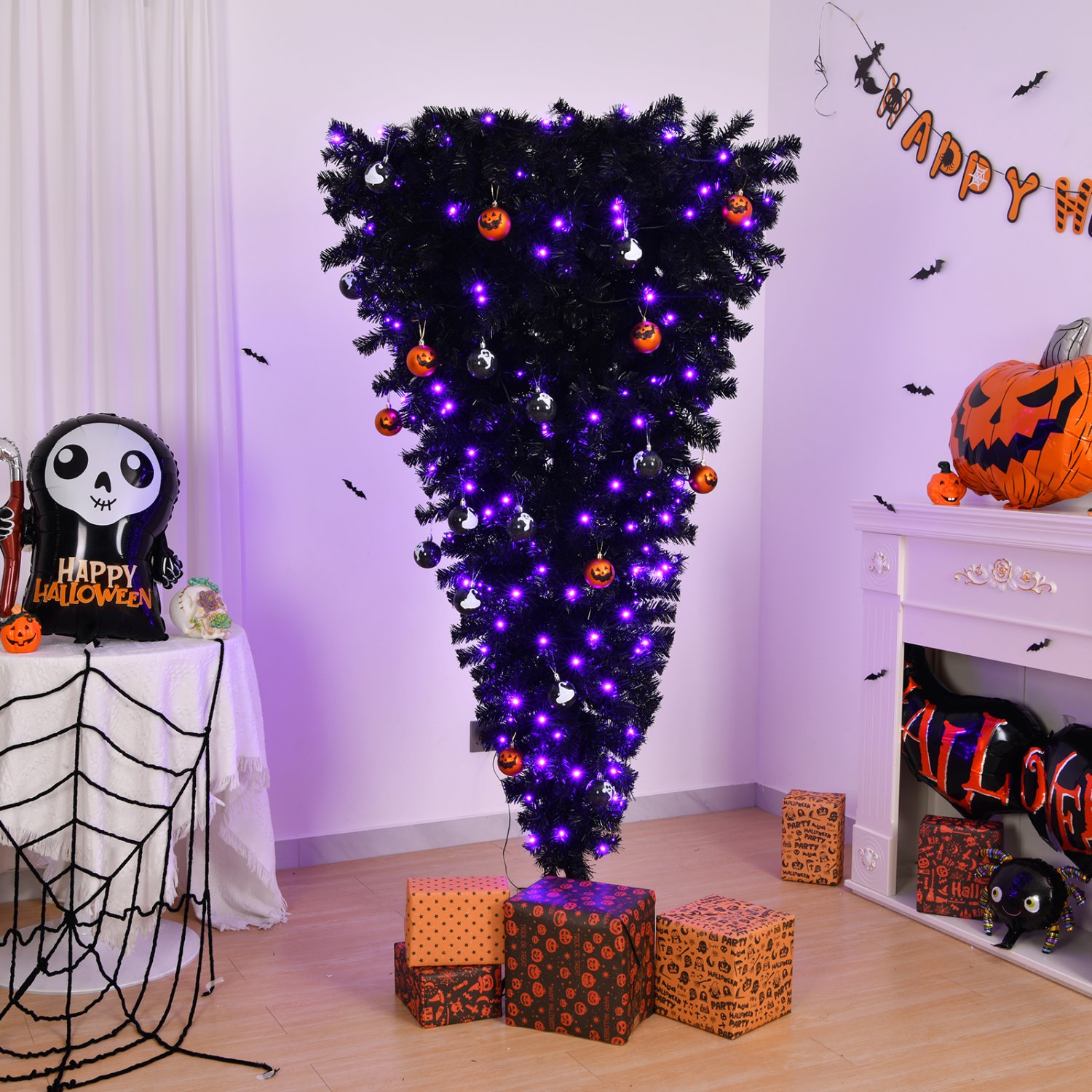 6 FT Upside Down Christmas Halloween Tree with 250 Purple LED Lights