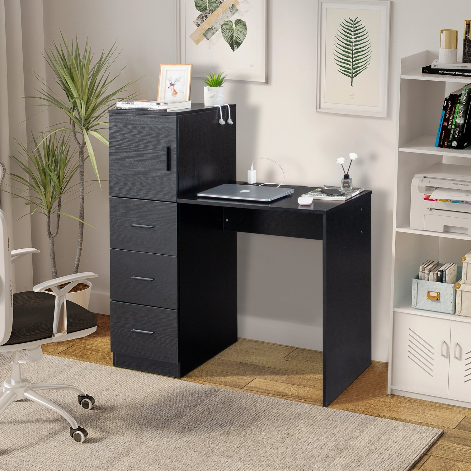 Computer Desk with Drawers & Charge Station Black