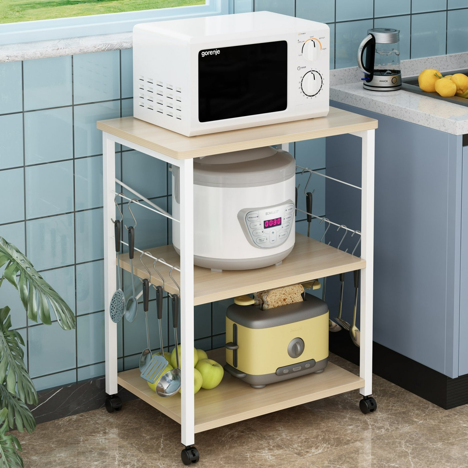3 Shelf Mobile Kitchen Serving Cart with 10 Hooks