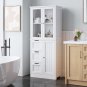 Bathroom Storage Cabinet Wooden with 4 Drawers & 3 Doors Glass Doors