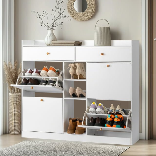 Shoe Cabinet with 4 Flap Drawers, Pull-out Drawers and 3-Tier Open Shoe Rack