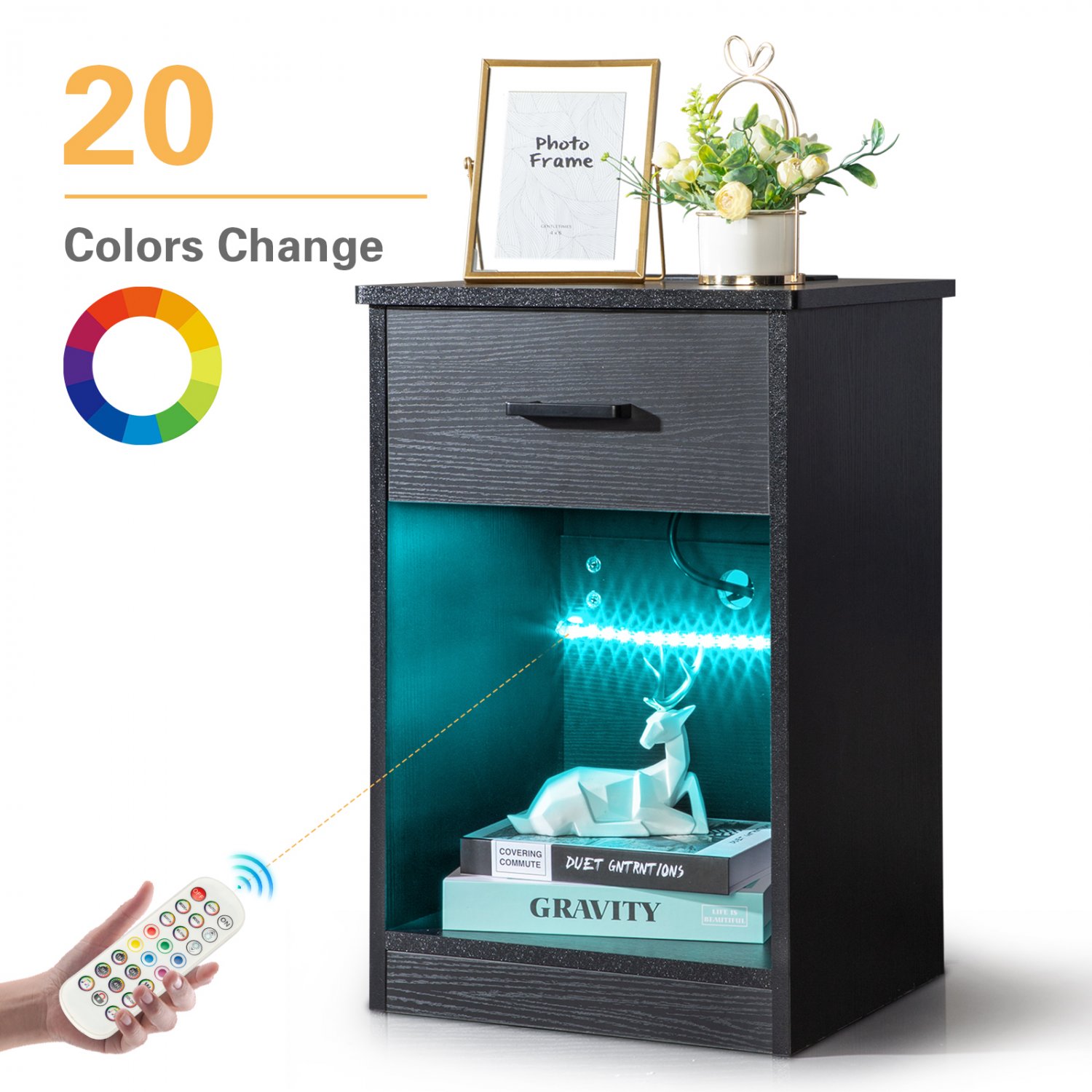 Nightstand with Wireless Charging Station and LED Lights