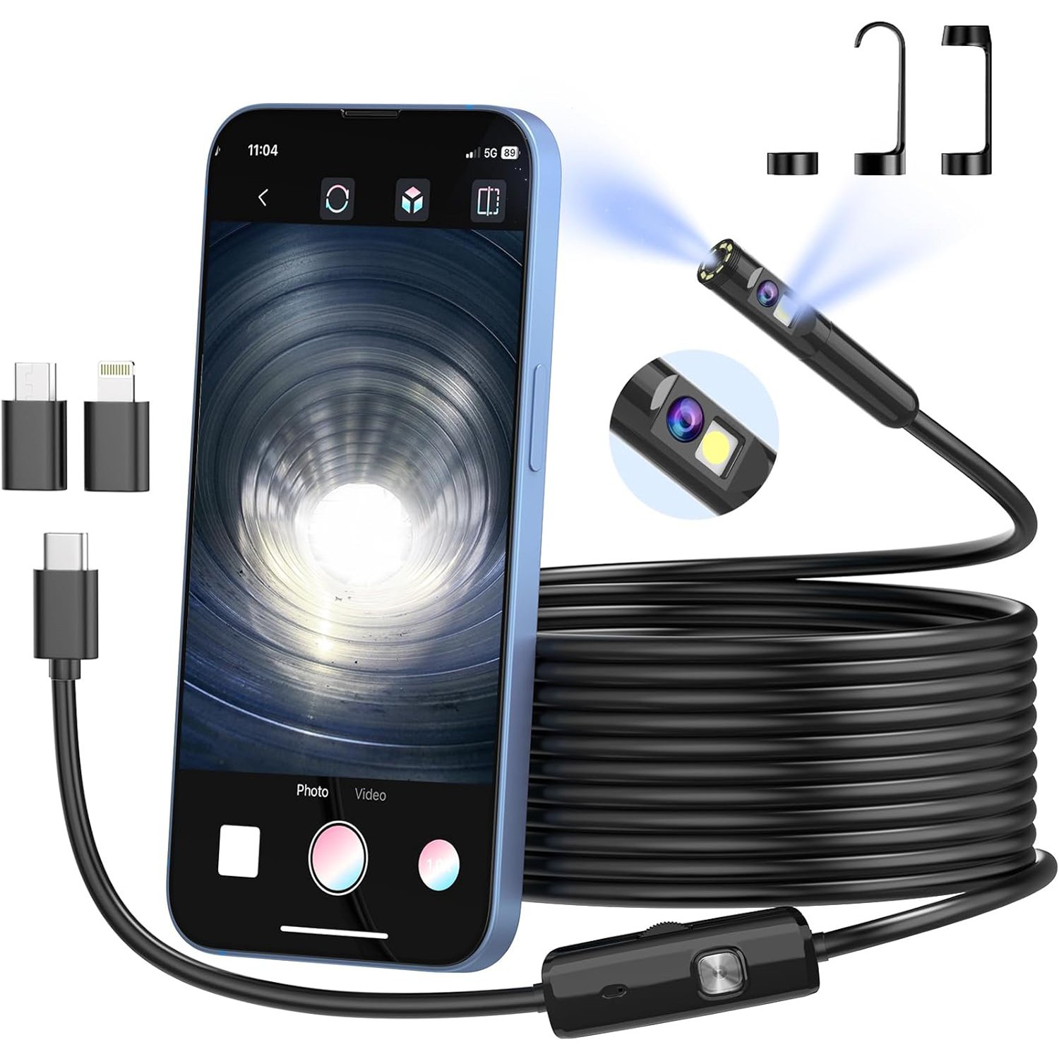 Dual-Lens 1920P HD 16.4ft Endoscope Camera with Light