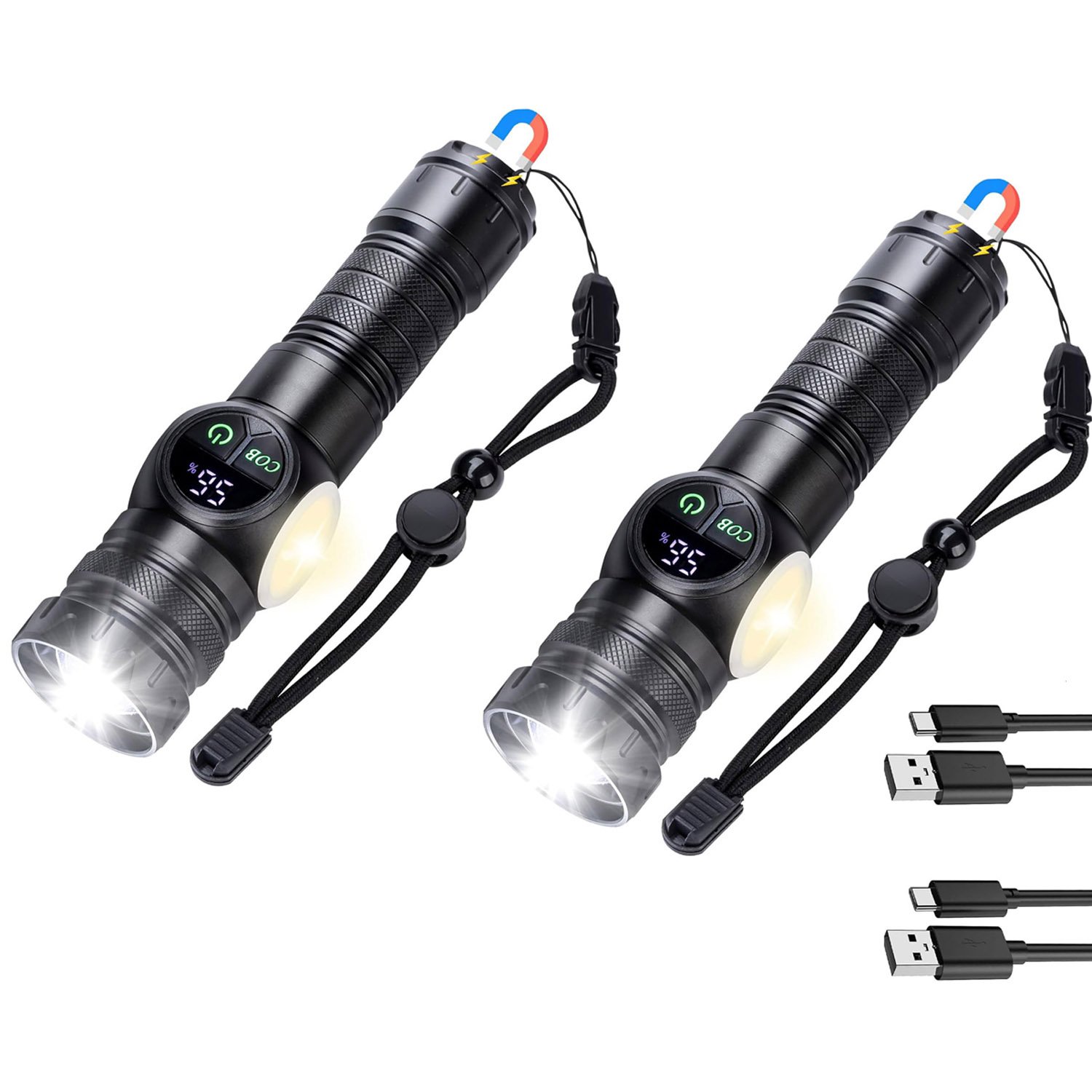 2-Pack Rechargeable 2500 Lumens Waterproof LED Flashlight with Magnetic Base