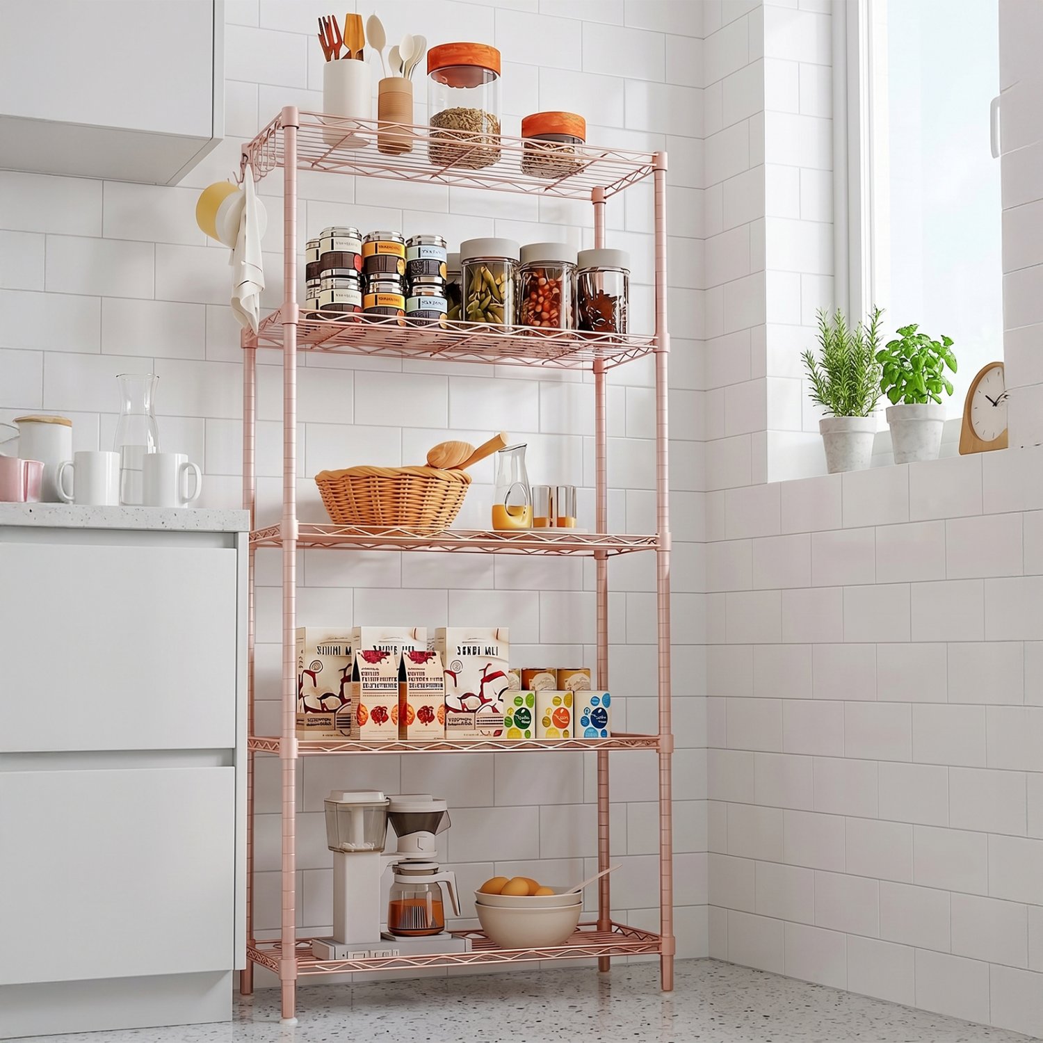 5-Tier Iron Shelving Unit 29"W x 13.5"D x 59"H Pink