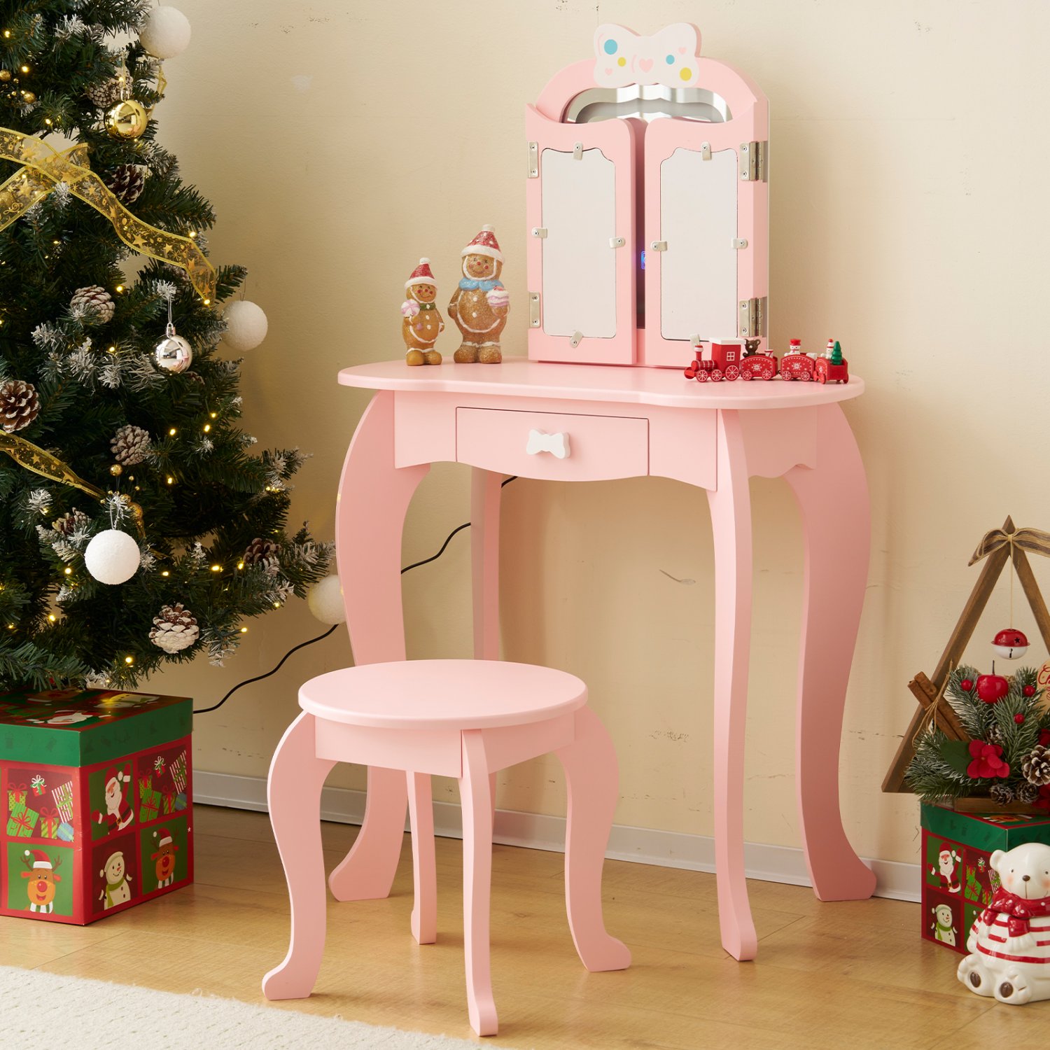 Kids' Wooden Vanity Table and Stool Set with LED Lights