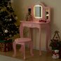 Kids' Wooden Vanity Table and Stool Set with LED Lights