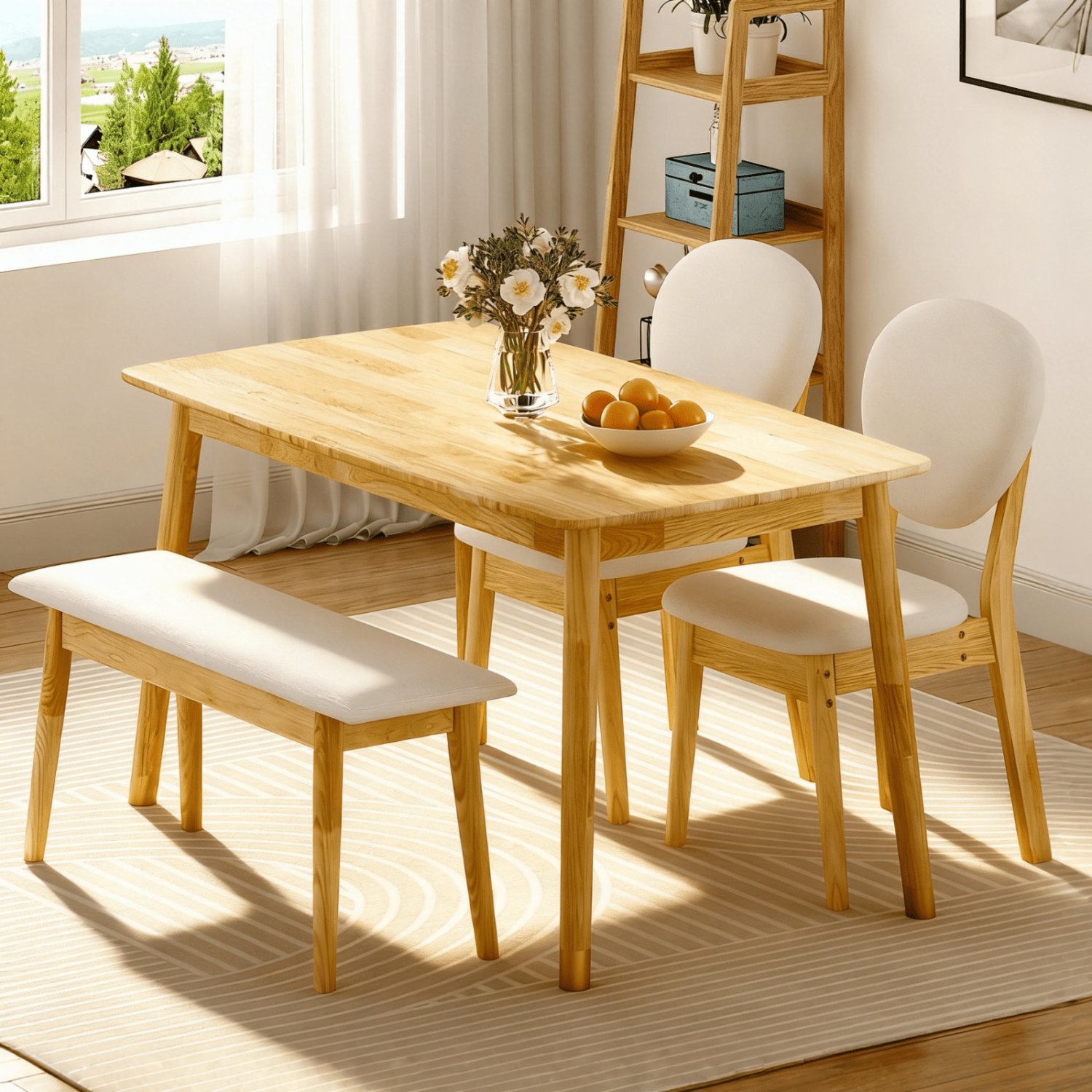 Solid Wood Dining Table with 2 Padded Chairs & Bench