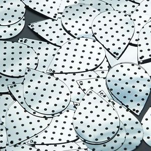 Teardrop Sequin 1.5" Black Polka Dot on Silver Metallic