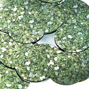Round Sequin 1.5" Mistletoe Green White Leaves and Bud Metallic