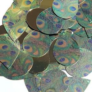 Teardrop Sequin 1.5" Peacock Feather Eye Blue Green Gold Metallic