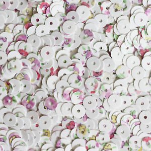 5mm Flat Round Loose SEQUINS ~ Spring Flowers Petite Fleur Floral Print on White