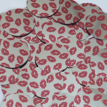 Round Sequin 1.5" Red Lips Kiss Lipstick Print Silver Metallic Paillettes