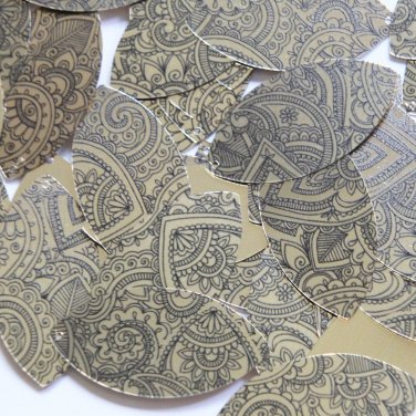 Sequin Navette Leaf 1.5" Mehndi Print Pattern Black Gold Metallic