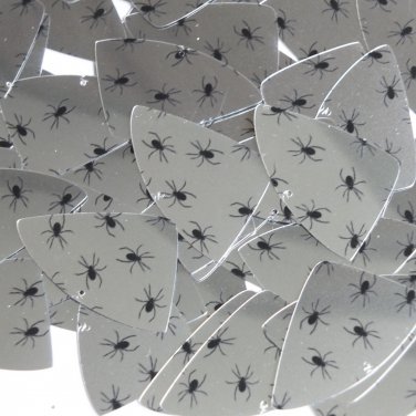 Fishscale Fin Sequin 1.5" Black Spiders Print on Silver Metallic Paillettes