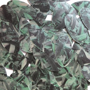 Sequin Oval 1.5" Green Silver Bird Feathers Print Metallic