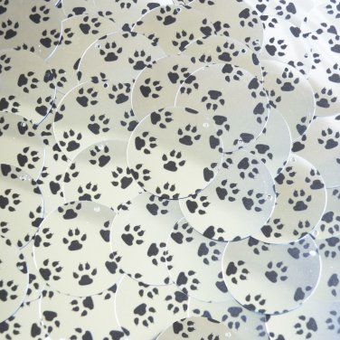 Sequin Round 30mm Black Silver Animal Paw Print  Metallic