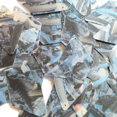 Sequin Long Diamond 1.75" Blue Silver Bird Feathers Print Metallic