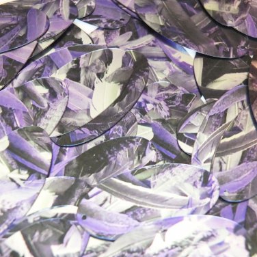 Sequin Oval 1.5" Purple Silver Bird Feathers Print Metallic