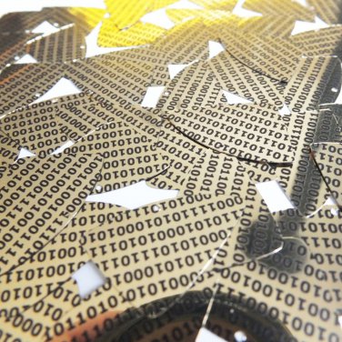 Sequin Fishscale Fin 1.5" Black Gold Binary Tech Code Print Out Metallic