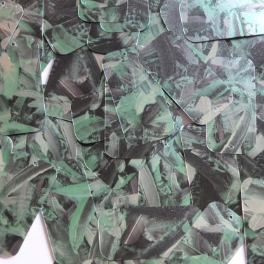 Sequin Rectangle 1.5" Green Silver Bird Feathers Print Metallic