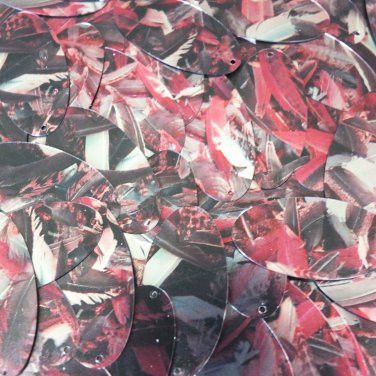 Sequin Oval 1.5" Red Silver Bird Feathers Print Metallic
