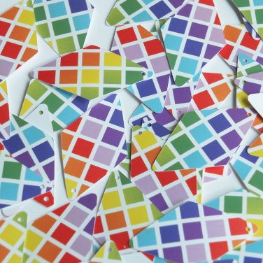 Long Diamond Sequin 1.75" Rainbow Squares on White Opaque Couture Paillettes