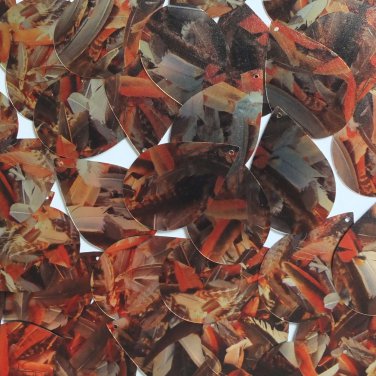 Sequin Teardrop 1.5" Orange Silver Bird Feathers Print Metallic