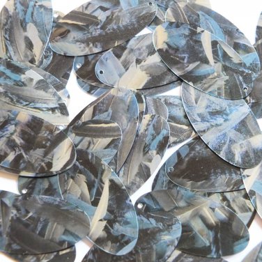 Sequin Oval 1.5" Blue Silver Bird Feathers Print Metallic