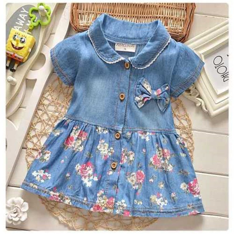 summer leisure style children girls flower jean dress baby girls cute fashion dress outfits