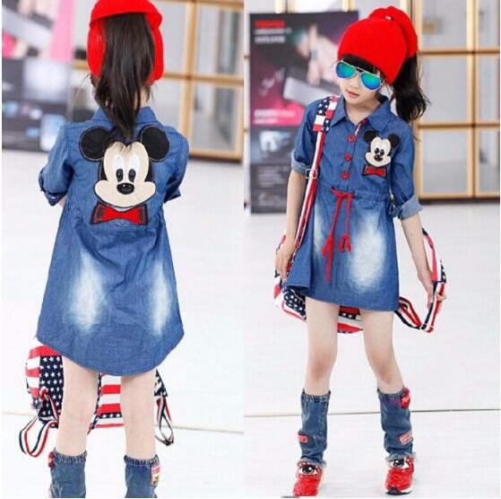 Children Summer Cartoon Jeans Dresses Girls Casual Denim One Piece Dress Child Long Sleeve Dresses
